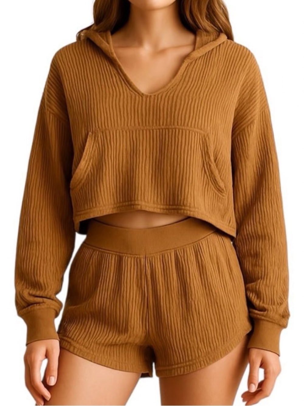 FREE PEOPLE FP Movement Crinkle Knit Cropped Hoodie Scoop Neck Size Small